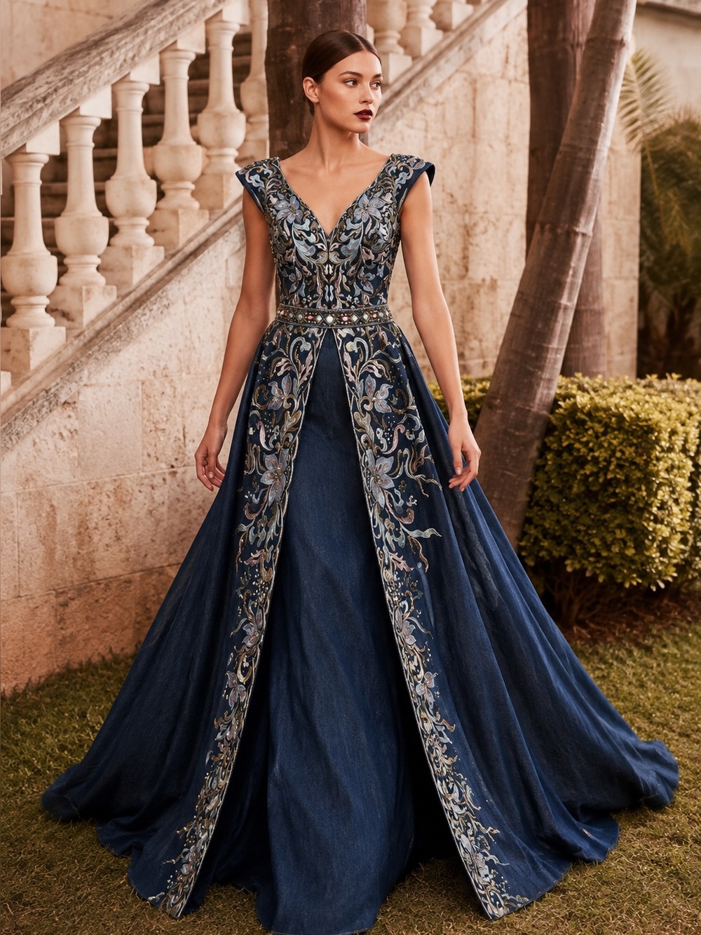 NWT Tony Bowls Rare Embroidered
Denim Jeweled Beaded Couture
Gown Size 4